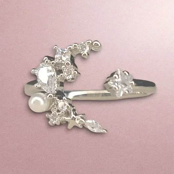 Open Half Moon Star Ring 925 Sterling Silver White Gold Plated CZ Pearl Sz 6.5 - Picture 8 of 8